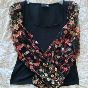 Square neck blouse with sheer puff sleeves